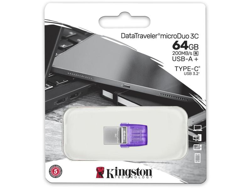 Kingston USB-Stick DT MicroDuo 3C 64 GB USB-Stick mit zwei Steckplätze für USB Typ-C- und Typ-A-Anschlüsse