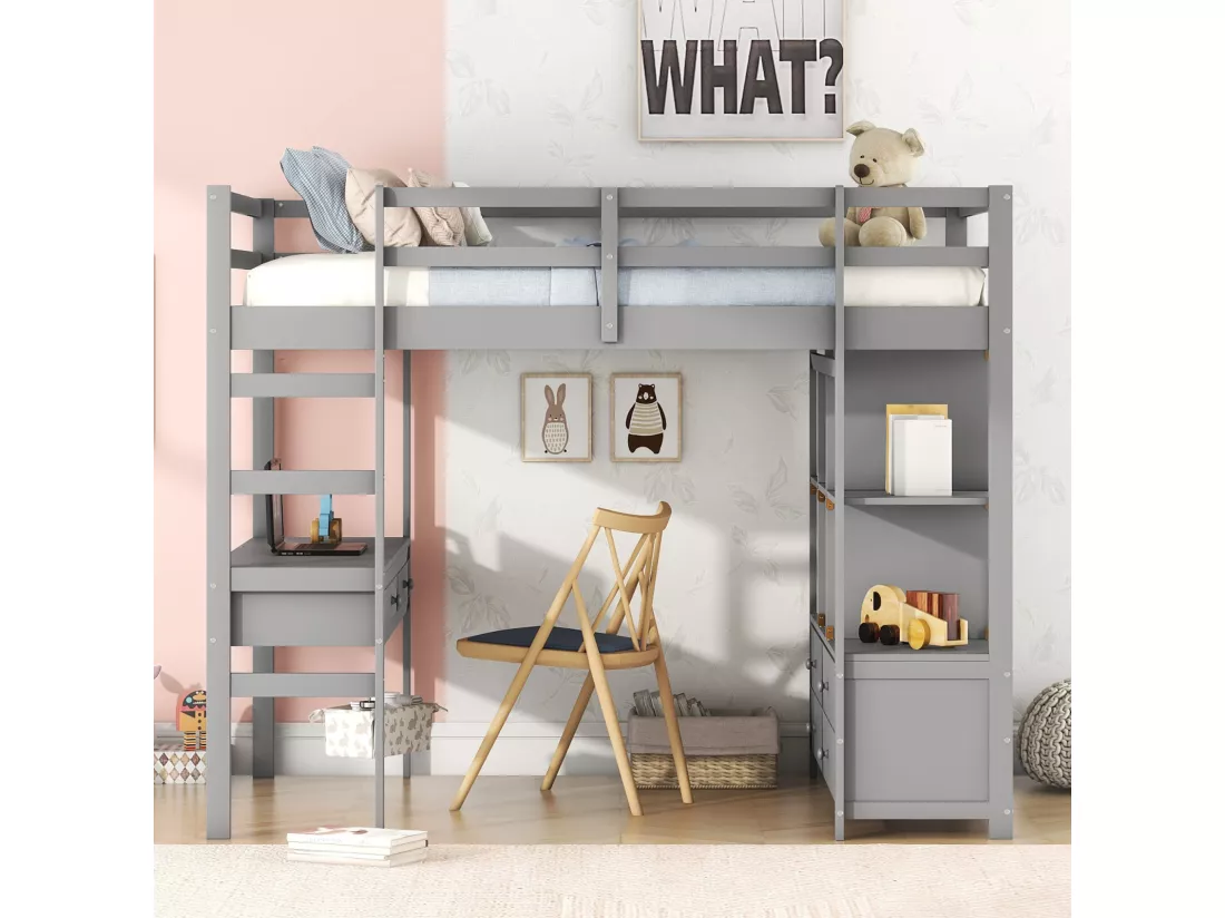 Lit mezzanine 140x200cm pour enfant - lit surélevé avec tiroirs de rangement, bureau et bibliothèque de rangement sous le lit - gris