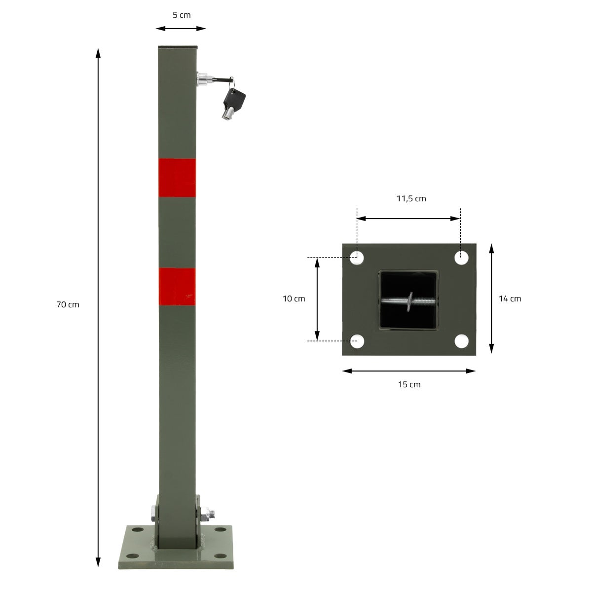 ECD Germany 4x Opvouwbare parkeerbarrière, Vierkant, 70 cm, Stalen parkeerpaal met rode waarschuwingsstrepen, Slot en 3 sleutels, Paal, Parkeerbarrière, Parkeerpaal, Paal, Voet