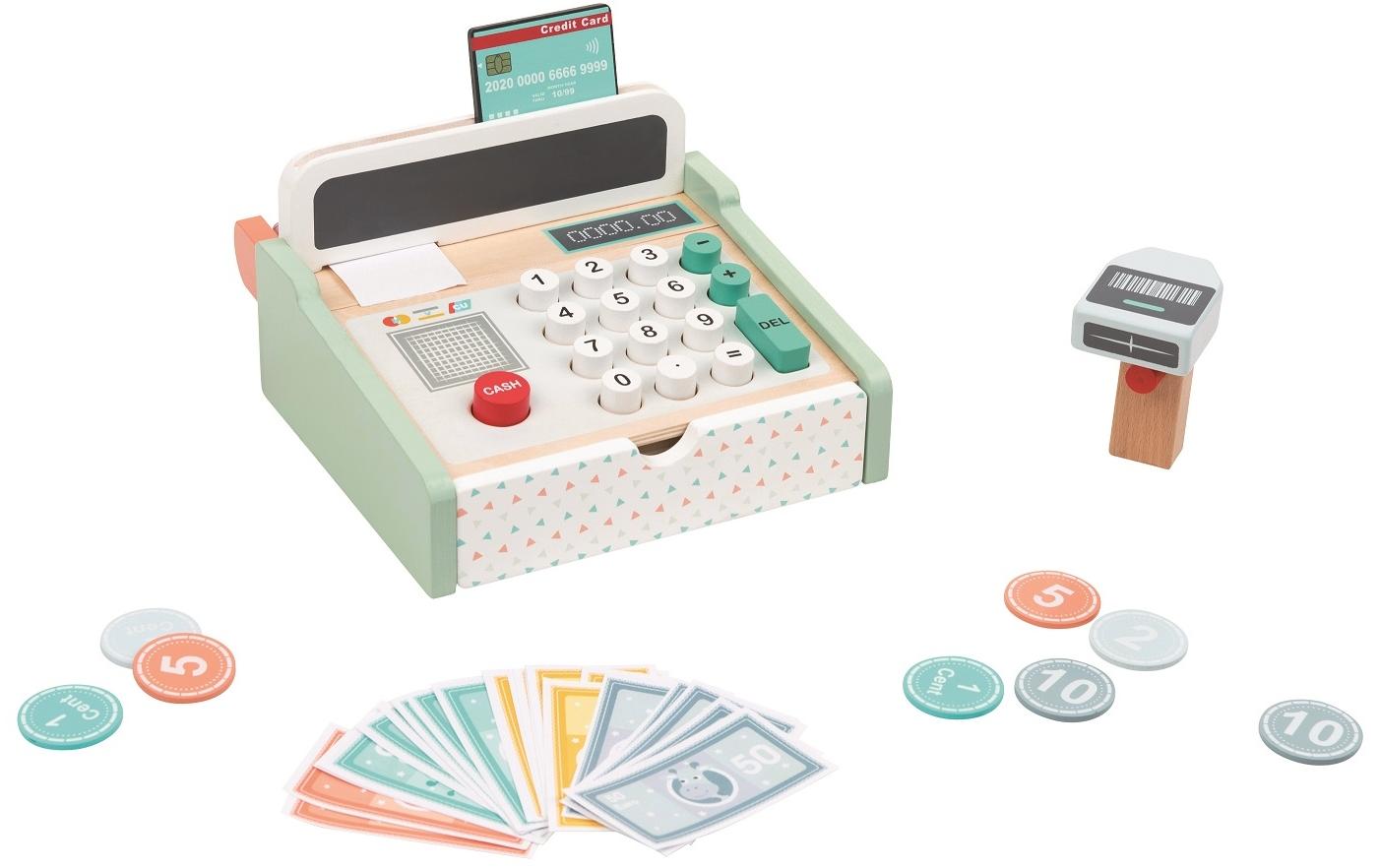 Spielgeld Kasse mit Scanner + HolzrechnerKasse aus Holz für Kaufmannsläden