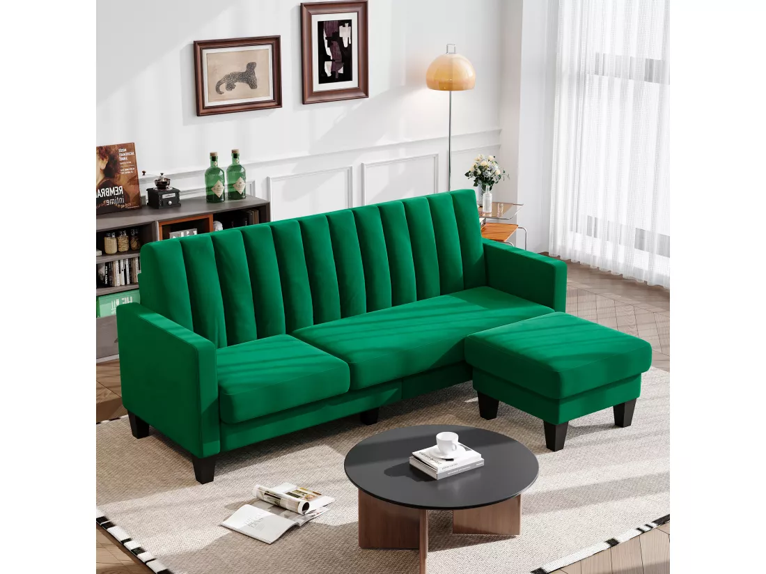 Canapé d'angle 210 CM, fauteuil d'angle réversible, convertible réversible, 3-4 places, Tissu velours à rayures verticales, Vert