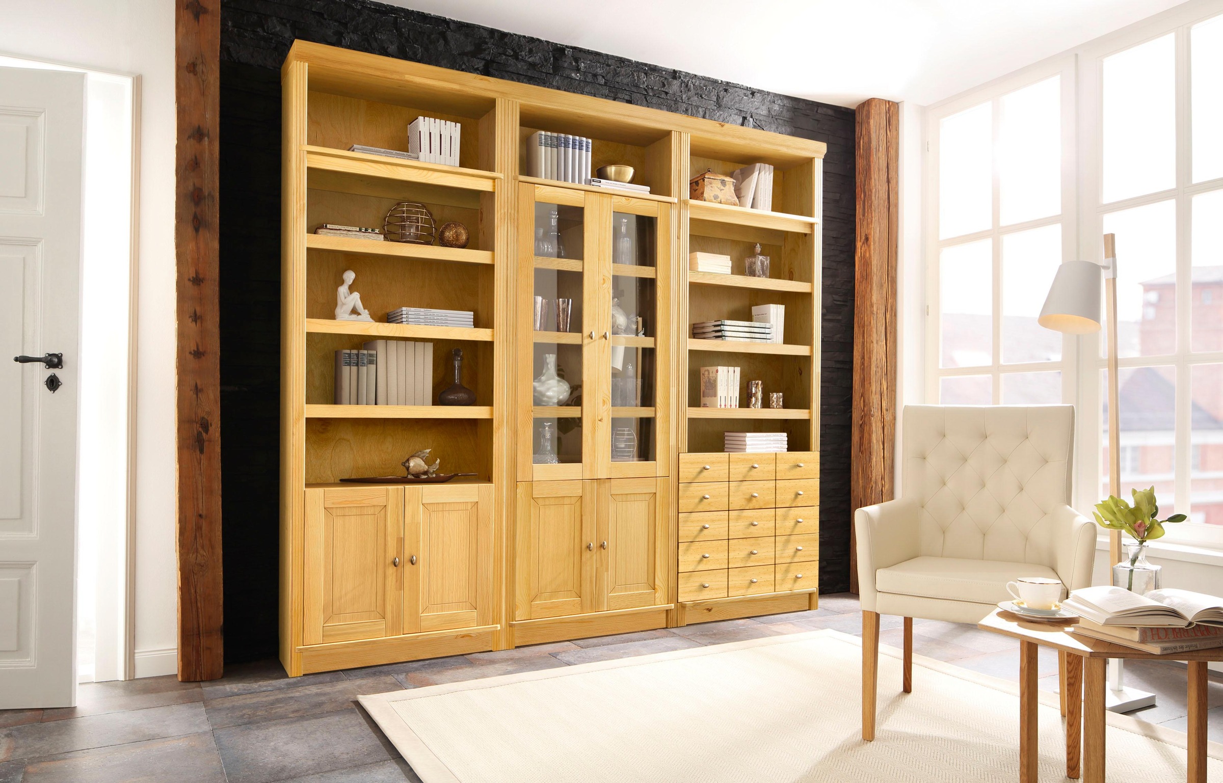Home affaire Bücherregal »Soeren« aus massiver Kiefer, in 2 Höhen, Tiefe 29 cm, mit 5 Schubkästen