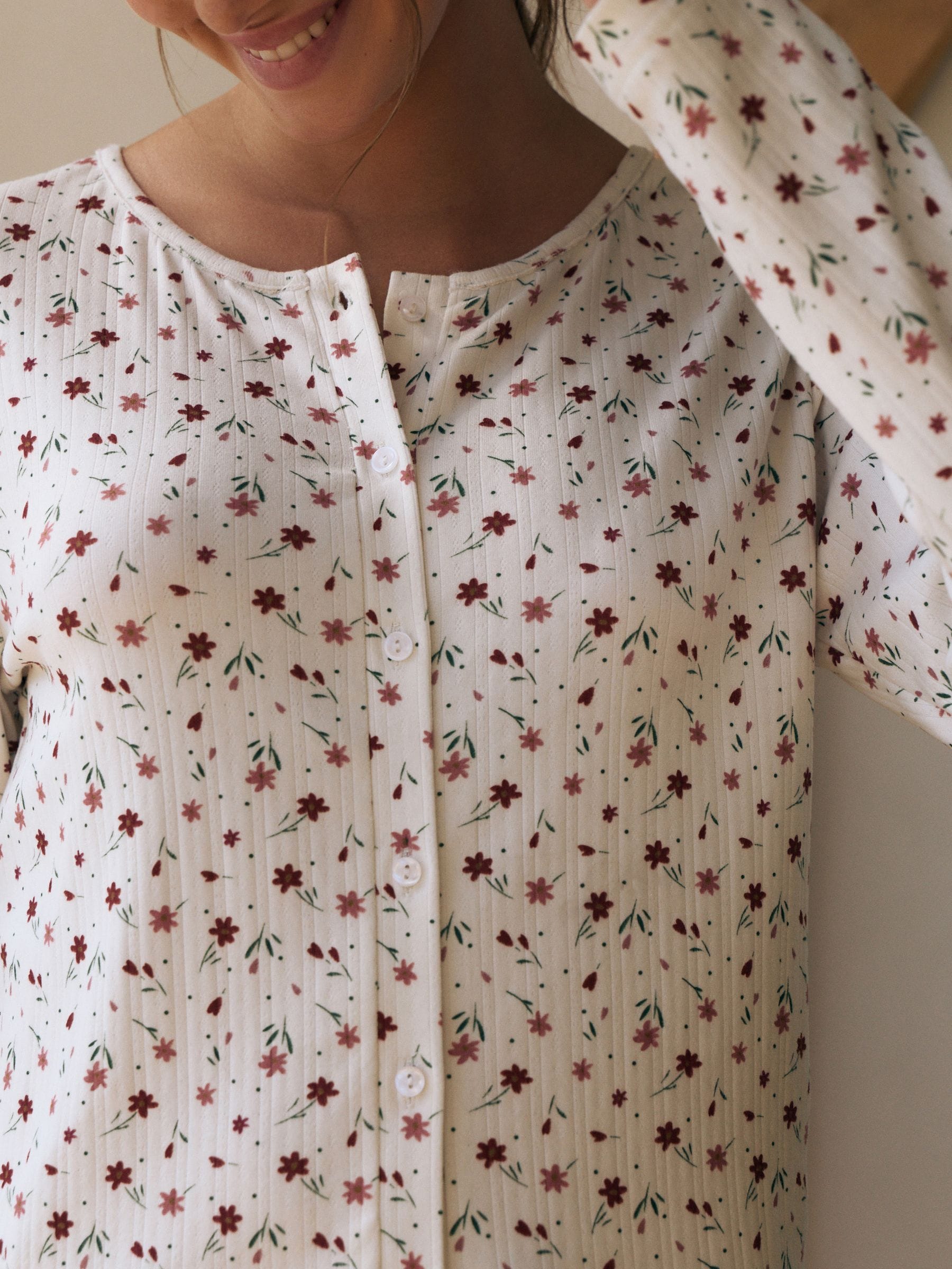 Crème met bloemetjesprint - Cosy Pointelle Long Sleeve Pyjamas