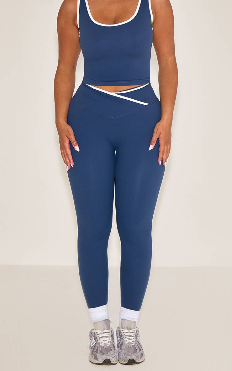 Bleu Marine Legging Sculptant À Ceinture Croisée Avec Bordures Contrastées