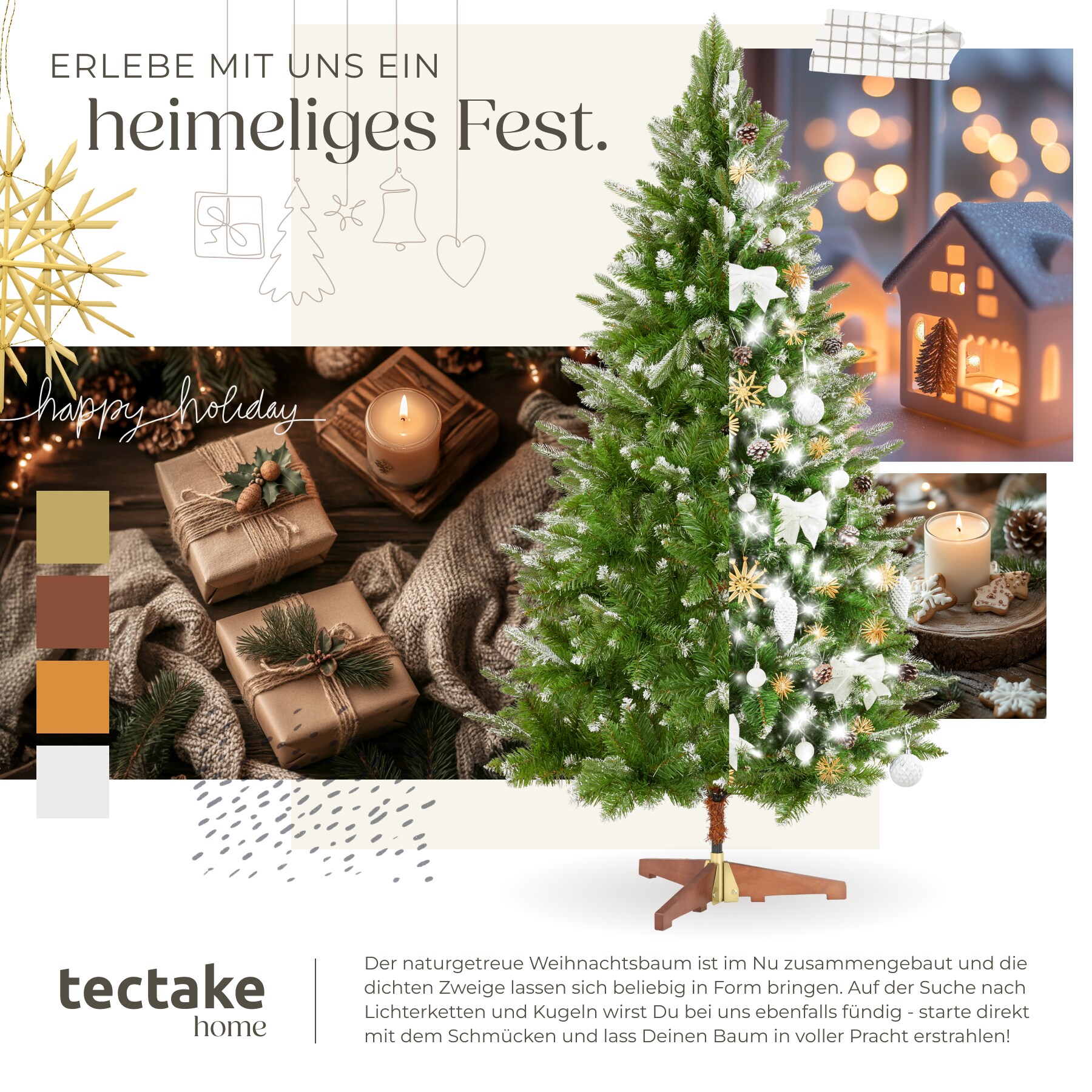 tectake® Weihnachtsbaum, künstlich in Grün, PVC- und Spritzgussnadeln, beschneite Spitzen, formbar mit viel Volumen, klappbarer Baumständer aus Holz, 110 x 180 cm