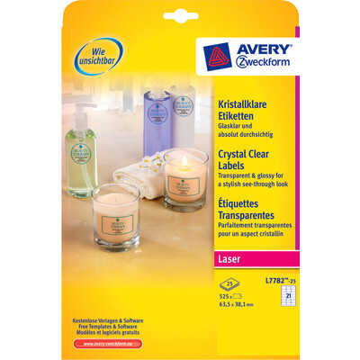 Avery Zweckform Etiketten kristallklar, L7782-25, 63.5 x 38.1 mm, 25 Blatt