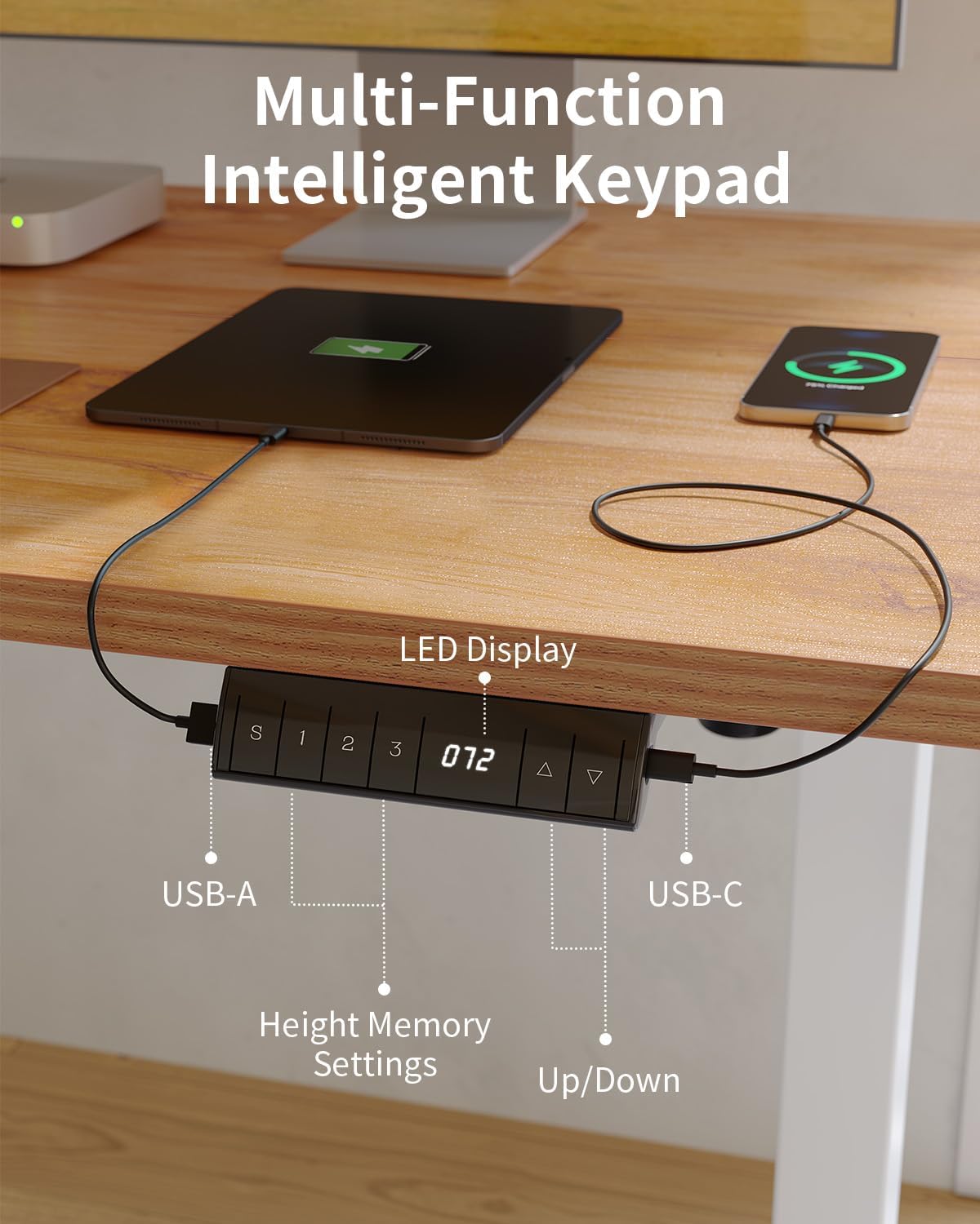 FEZIBO Höhenverstellbarer Schreibtisch mit USB-A und USB-C-Ladeanschlüssen, 120 x 60 cm Steh-Sitz Tisch, Schreibtisch Höhenverstellbar Elektrisch, Ergonomischer Computertisch Homeoffice, Hellbraun