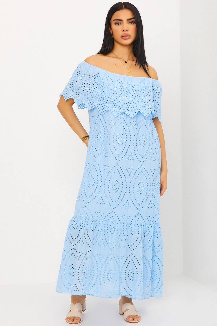 Robe bleu ciel col bardot en crochets