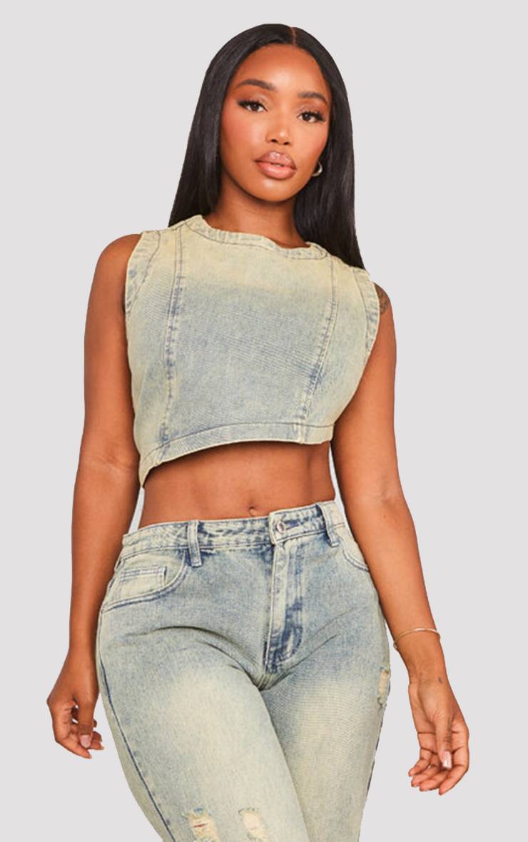 Indigo Vintage Wash Top Court Asymétrique En Denim Extensible Délavé Shape