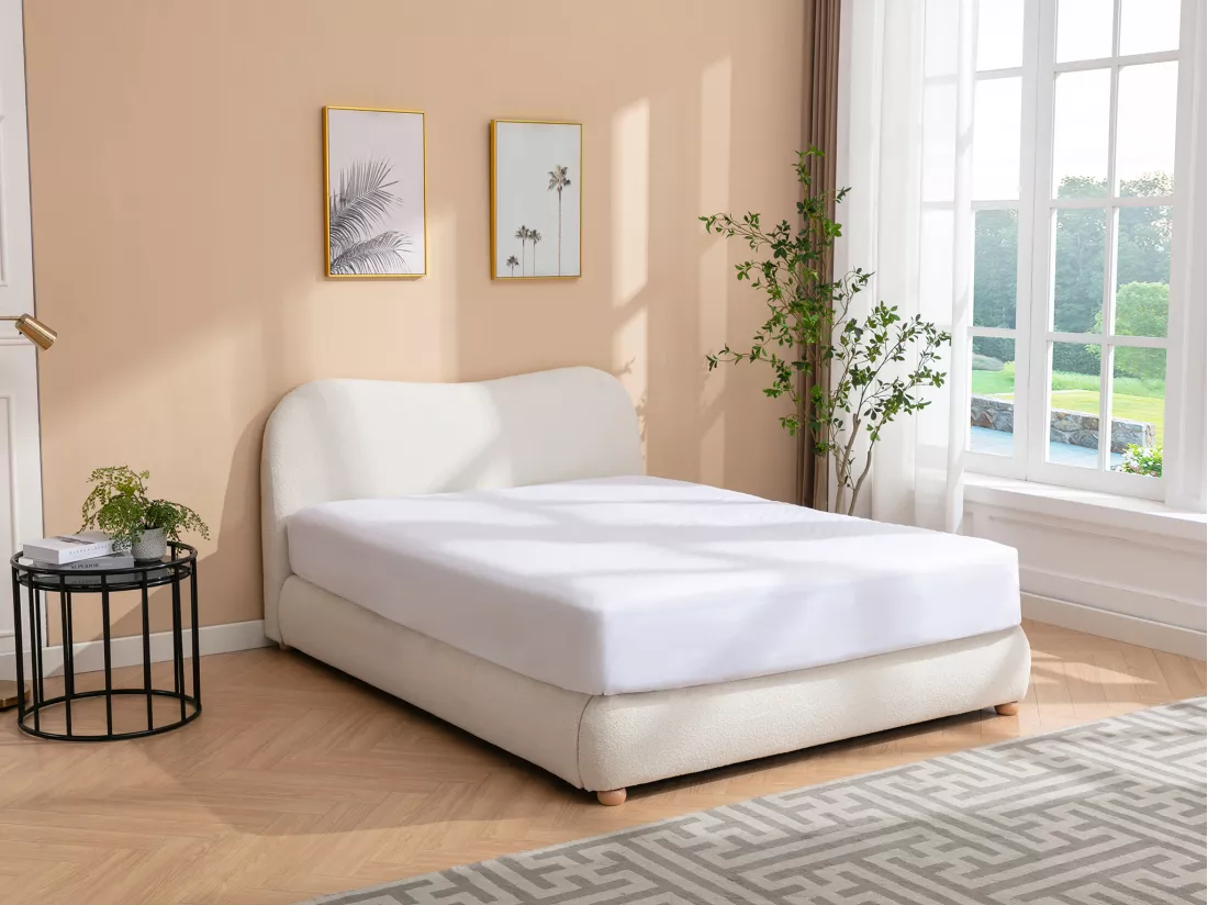 Lit coffre 160 x 200 cm - Tissu bouclette - Blanc - VANARI