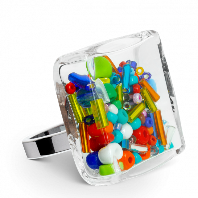 Bague en verre soufflé - Carré Giga Mix Perles