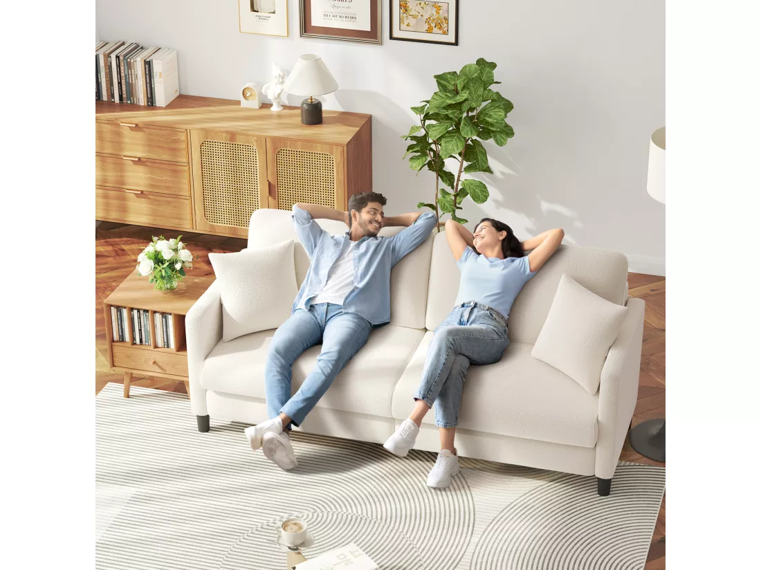 Canapé 3 Places en Velours Teddy,Canapé Droit Confort en Bois Massif,Loveseat avec Accoudoirs,193x79x89cm,Beige
