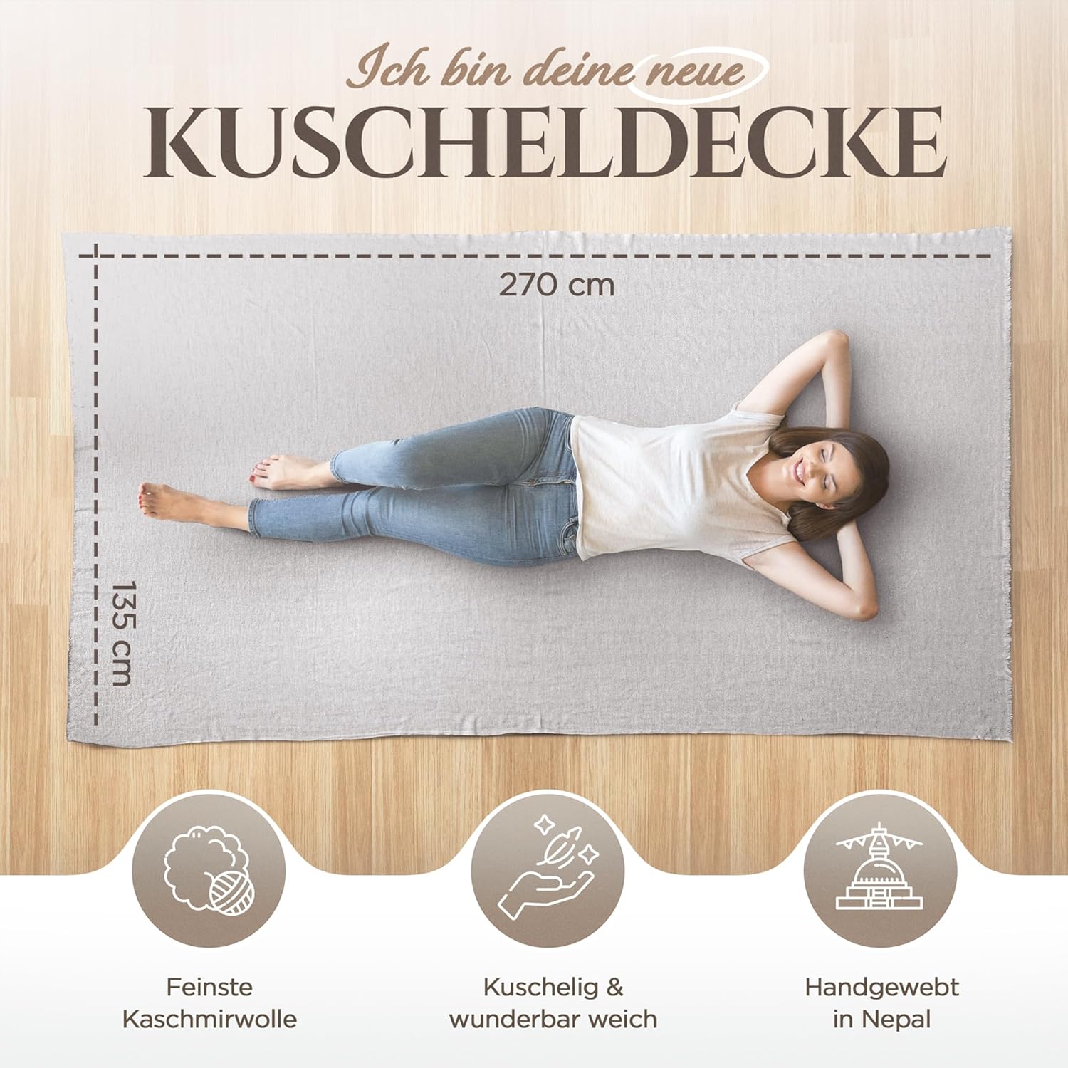 Kaschmirdecke – Handgewebte Sofaüberwurf Decke aus 100% Kaschmirwolle – 135 x 270 cm Weiche und gemütliche Hellgraue Kuscheldecke für Couch und Stuhl – Hergestellt in Nepal