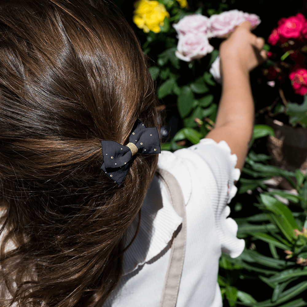 Petite Barrette Double Noeud Croisé Gaze Pois Or Marine
