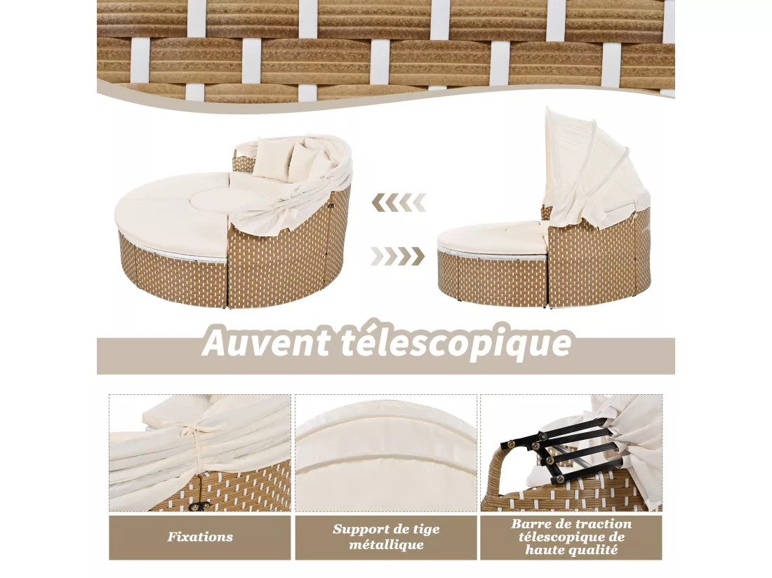 Ensemble de chaises longues de jardin, Sun Island, ensemble table et chaises de jardin, auvent extensible, plateau de table relevable, beige