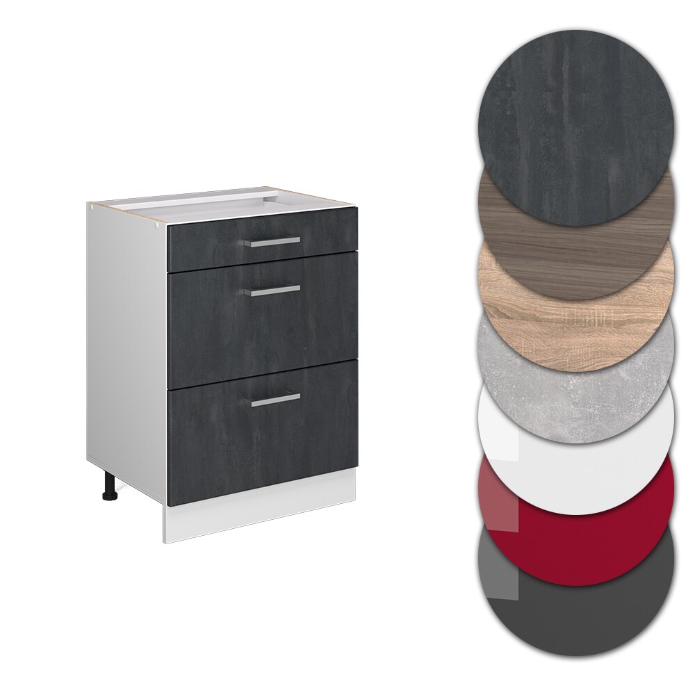 Vicco Schubladenunterschrank R-Line Schwarz Beton Weiß 60 cm mit Arbeitsplatte Eiche
