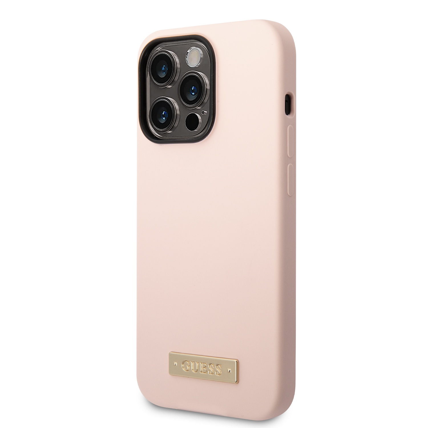 iPhone 14 Pro Max MagSafe Silikon Hardcase Hülle Logo Plate (GUHMP14XSBPLP) - Rosa / Gold
