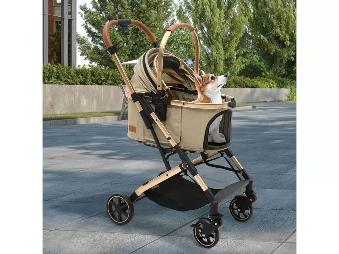 YITAHOME Poussette - pour Chien Chat - Tout Terrain - Panier de Rangement - 4 Roues - Pliable Portable - Amovible -Beige