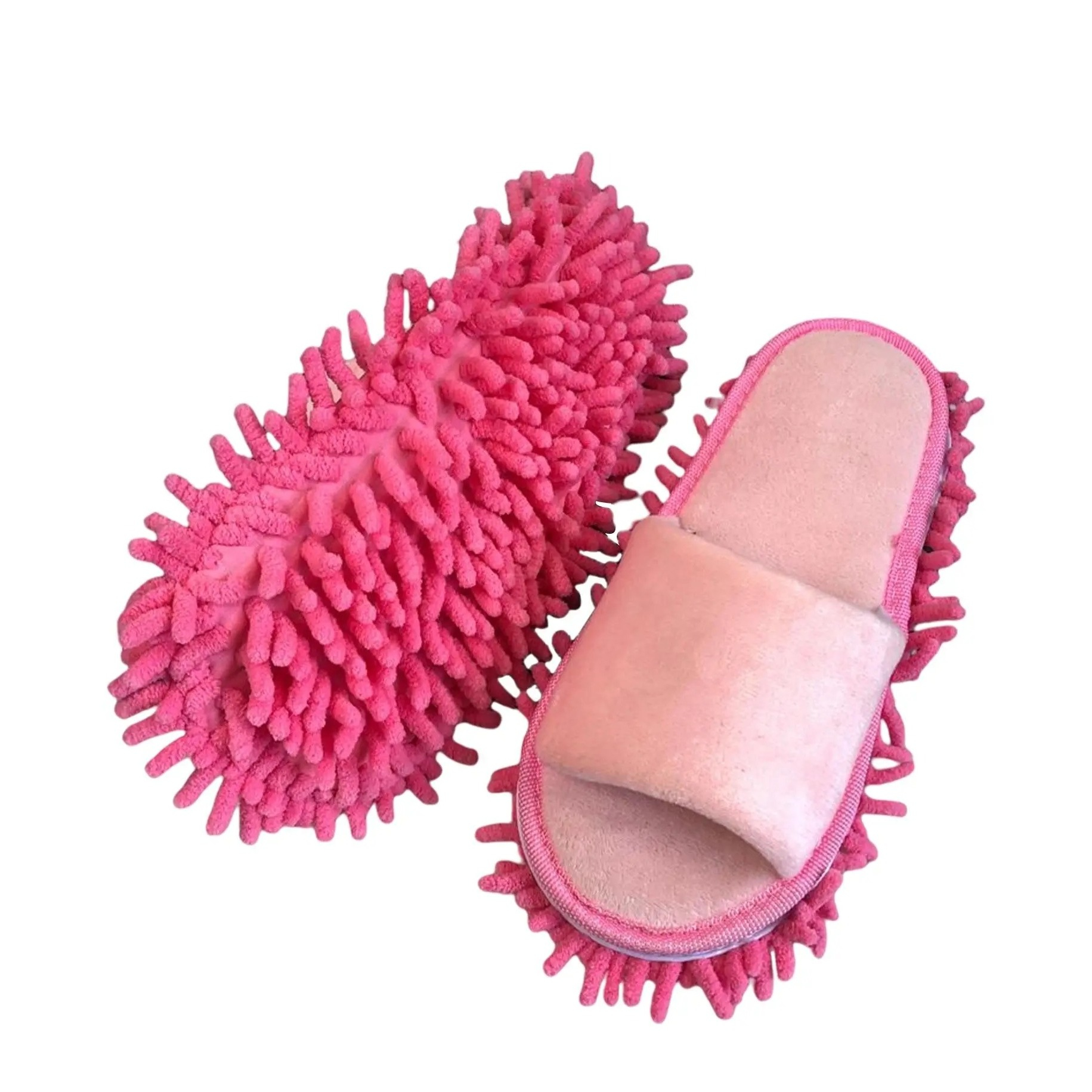 (1 Paar) Gr. 35-38 Mikrofaser Wischmopp Putz Hausschuhe Boden Reinigung Mopp Pantoffeln mit Klettverschluss - Pink