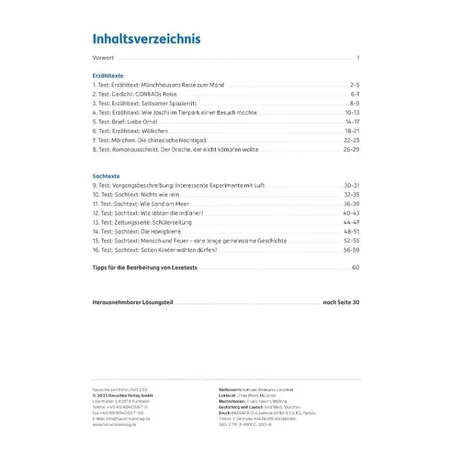 Hauschka Verlag 293 Lesetests in Deutsch - Lernzielkontrollen 3. Klasse mit herausnehmbarem Lösungsteil