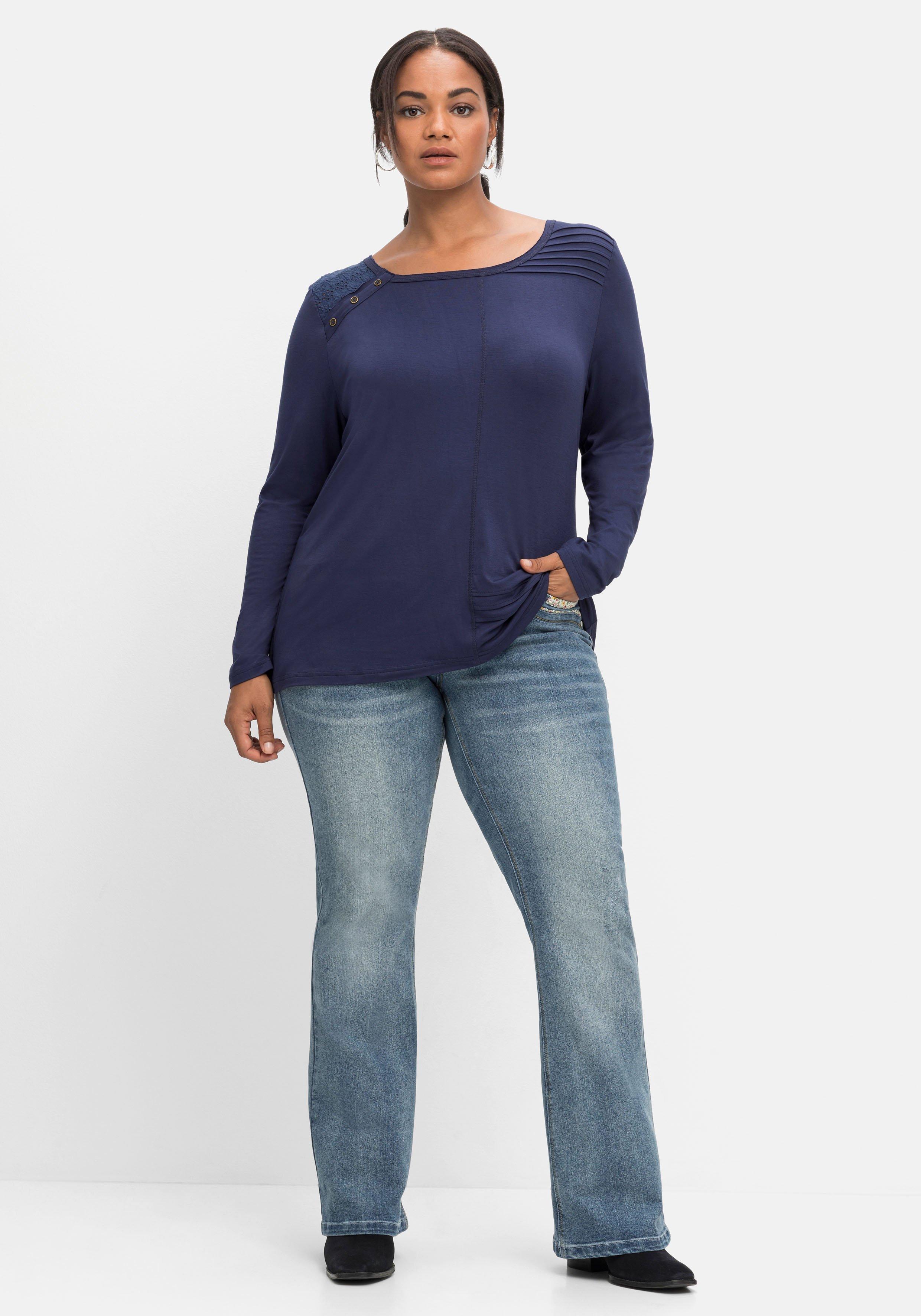 Langarmshirt mit Lochstickerei-Spitze und Biesen