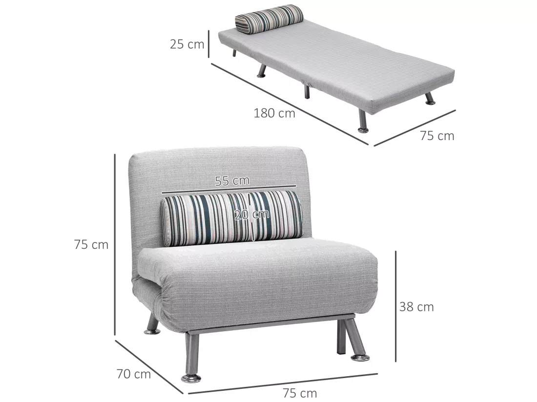 Fauteuil convertible 3 en 1 chauffeuse lit 1 place avec coussin gris