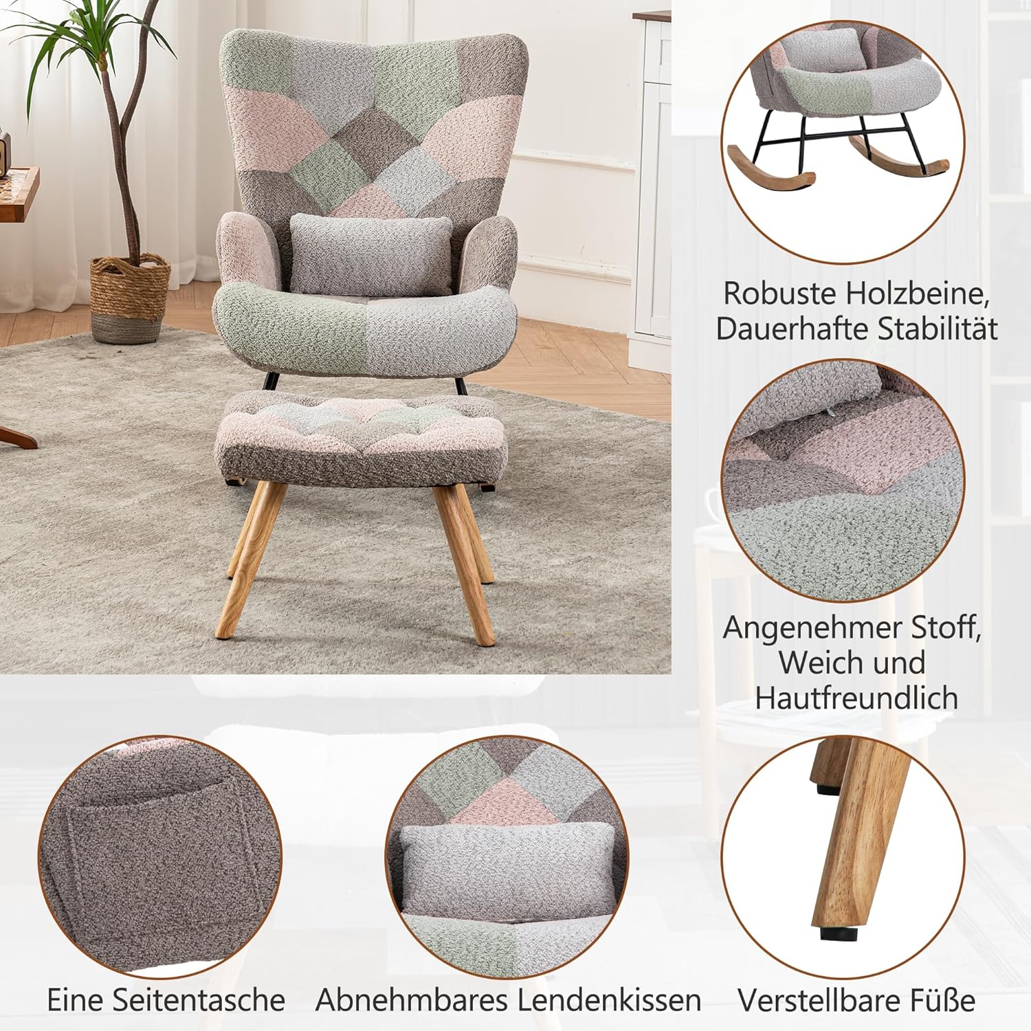 Merax Schaukelstuhl mit Hocker, Sessel Relaxsessel Schaukelsessel mit Flügelrückenlehne & Lendenkissen, Gepolsterter Wohnzimmersessel Schwingsessel, für Schlafzimmer Balkon, Metallgestell, Frottee