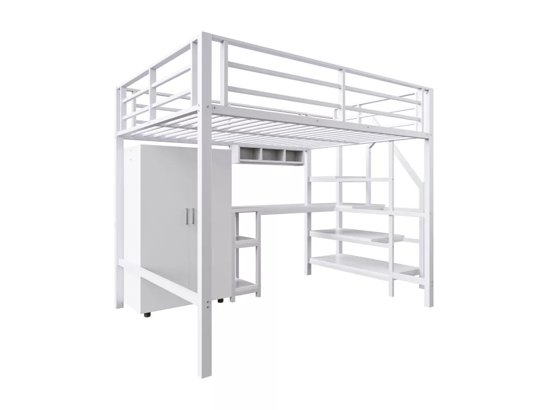Lit mezzanine 140 x 200 cm avec bureau, armoire et étagères - Métal + MDF - Blanc (sans matelas)