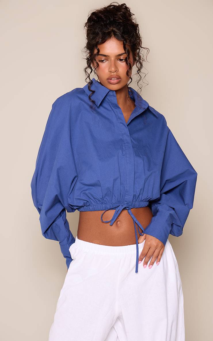 Bleu Chemise Courte À Ourlet Froncé Avec Détail À Nouer
