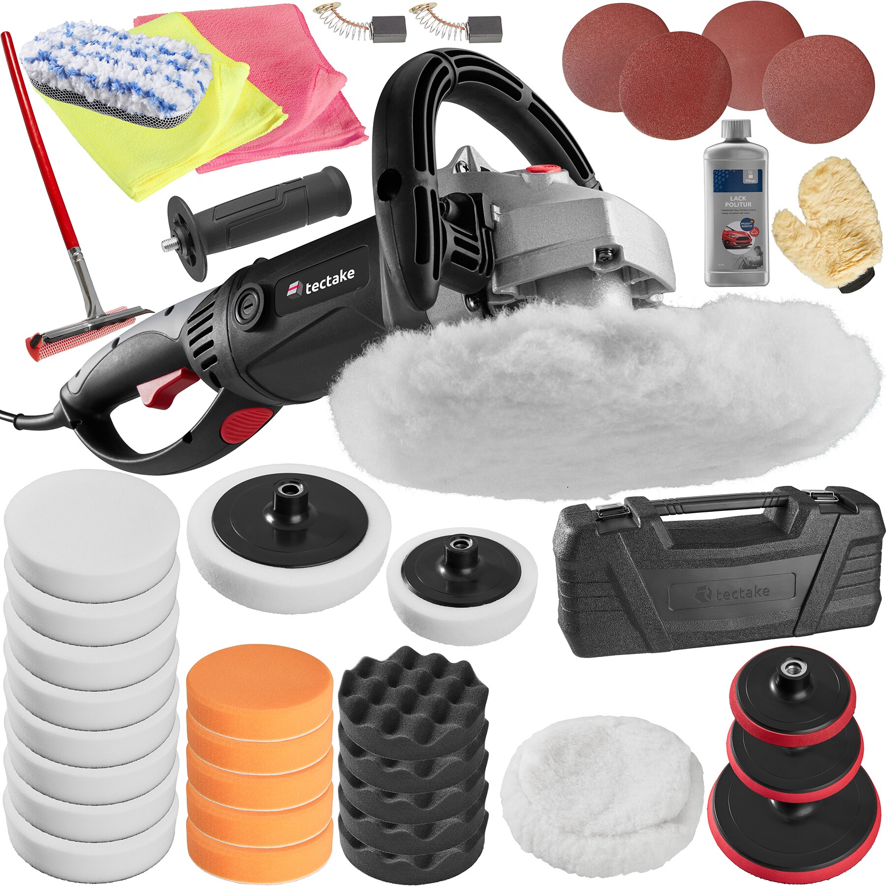 tectake® 37-teiliges Poliermaschinen-Set, 1500 W, mit 180° Drehgriff und zusätzlichem Stabgriff, inklusive Lackpolitur, 2 Mikrofasertüchern, Wischer, Schwamm, Handschuh, 4 Schleifpapieren, 2 Ersatzkohlen und Transportkoffer