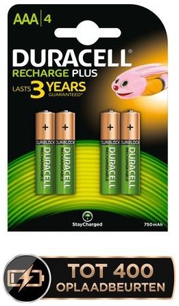 Duracell Oplaadbare AAA batterijen - 750 mAh NiMH - 4 stuks