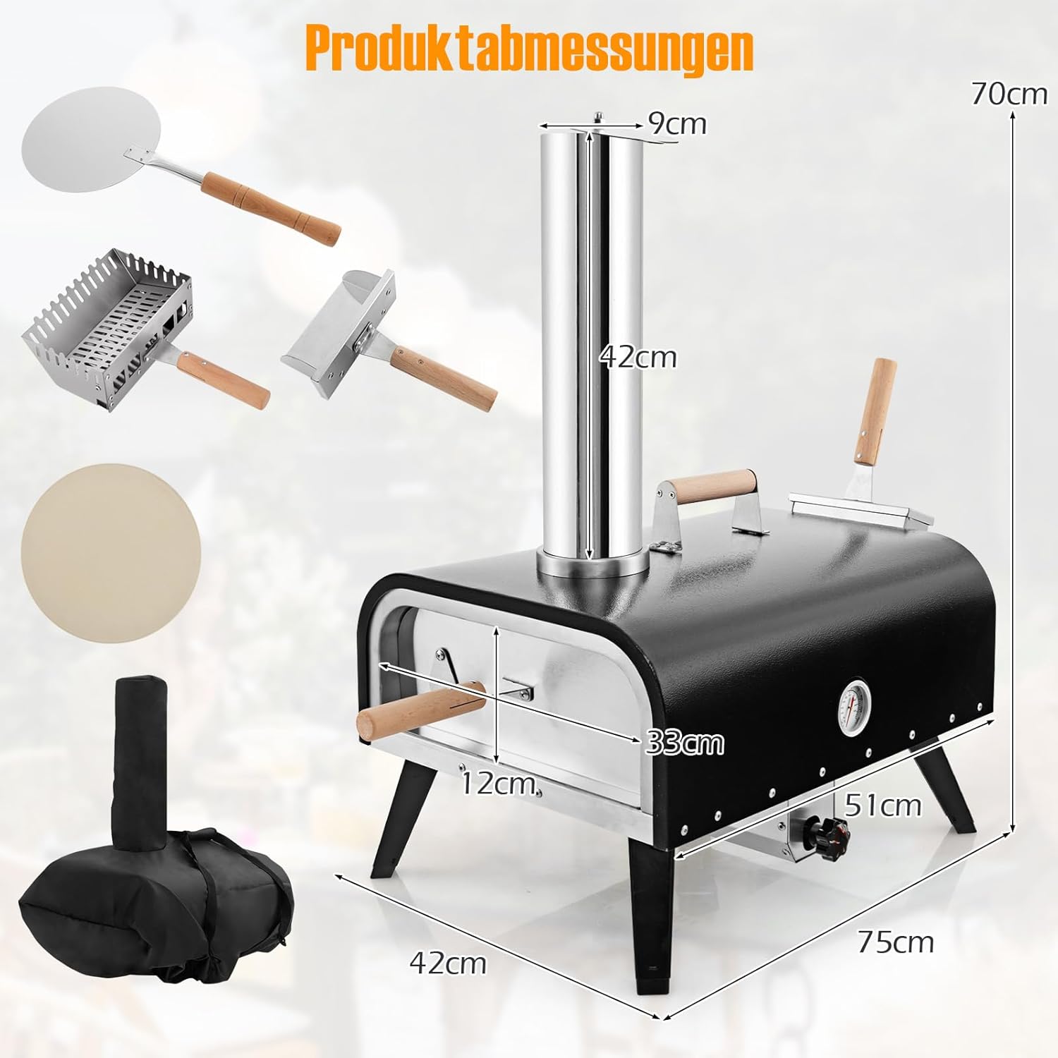 COSTWAY Outdoor Pizzaofen, tragbarer Pizza Ofen aus Edelstahl mit Pizzastein, Pizzaschaufel, Thermometer, klappbaren Beinen & Tragetasche, für Picknick, Party, Camping