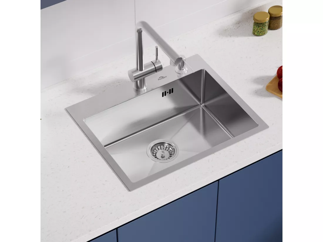 Évier Cuisine 1 Bac 55x45CM Évier à encastrer avec Distributeur Savon,Siphon/Trop-Plein Évier Inox Brossé pour Table à partir de 60 cm,EU Modèle