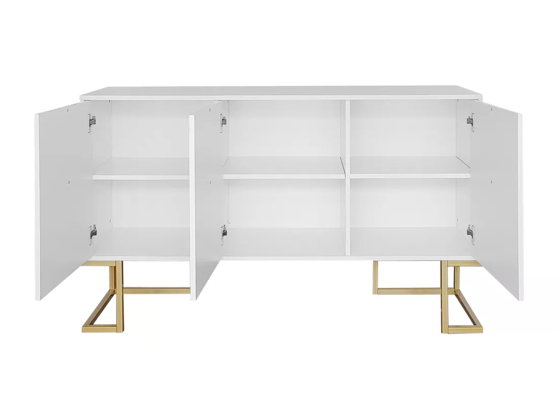 Buffet bas 3 portes avec étagères réglables - 138x40x80.5cm - Bois MDF et métal doré - Blanc