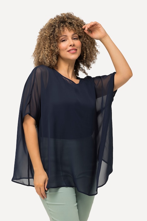 Chiffonbluse, Oversized, Rundhals, Halbarm