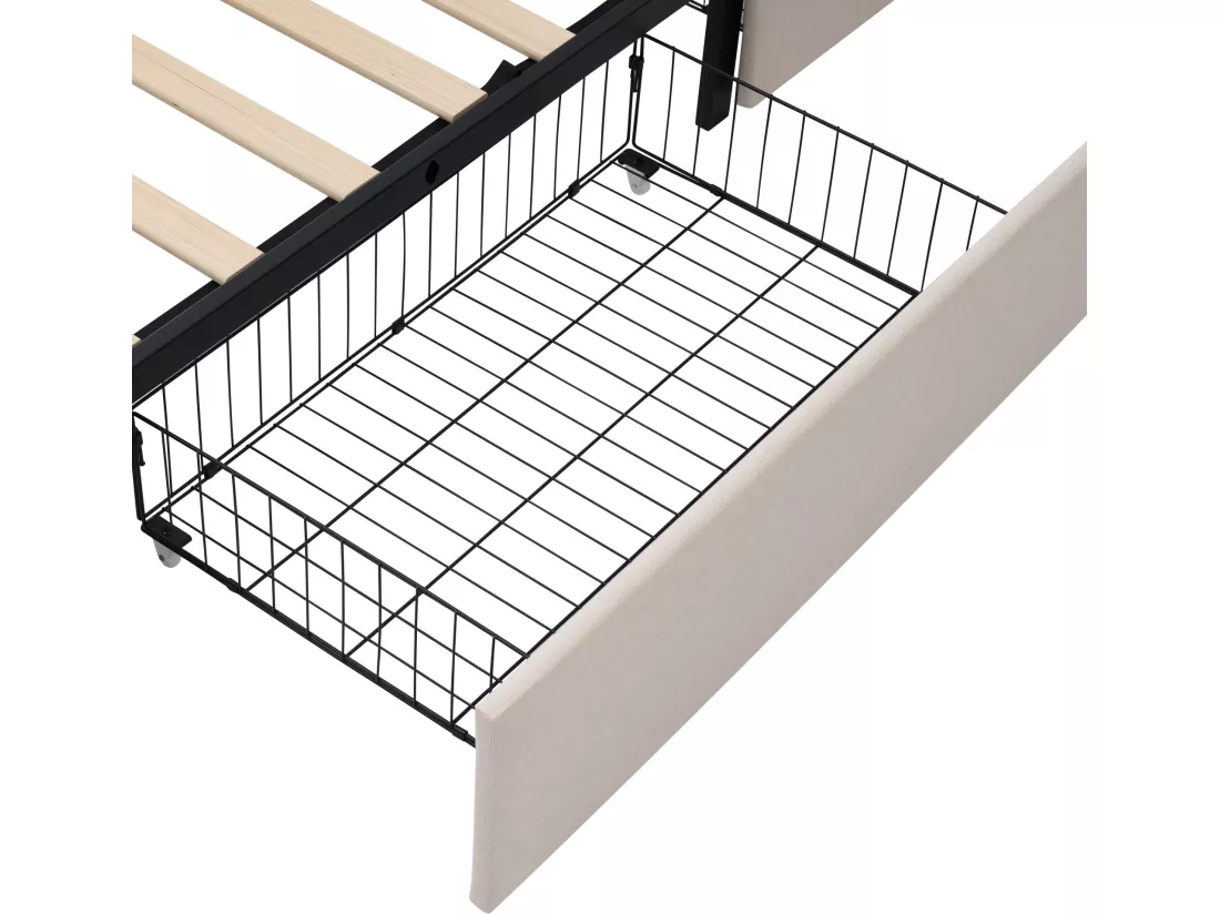 Lit rembourré 140x200cm en lin - avec 2 tiroirs + LED + sommier à lattes - Beige