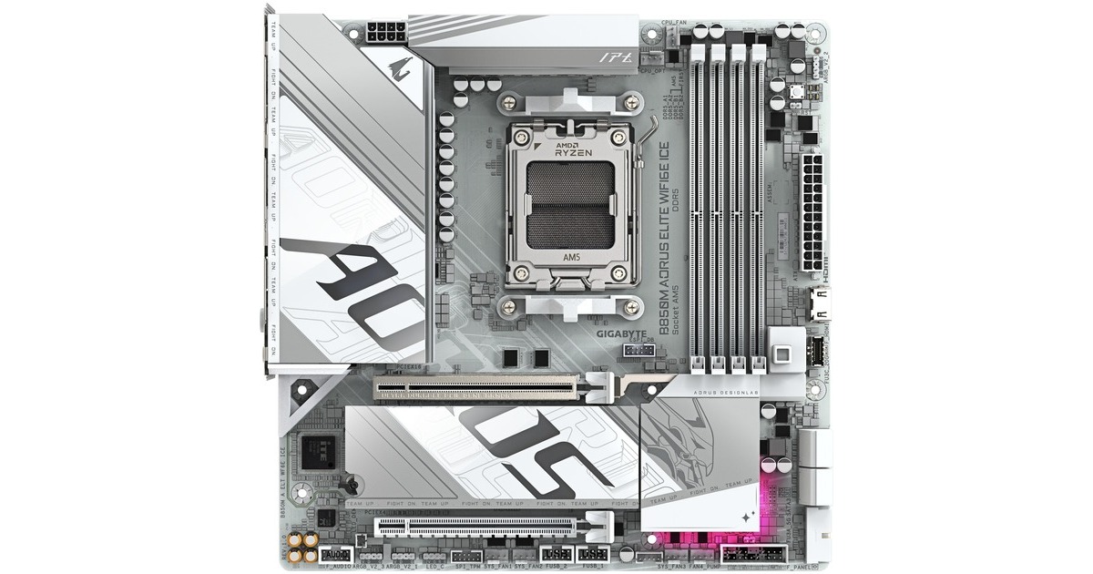 GIGABYTEB850M AORUS ELITE WIFI6E ICE socket AM5 moederbord  (Zilver/wit, RAID, 2,5Gb-LAN, WLAN, BT, Sound, µATX, Tweedekans)