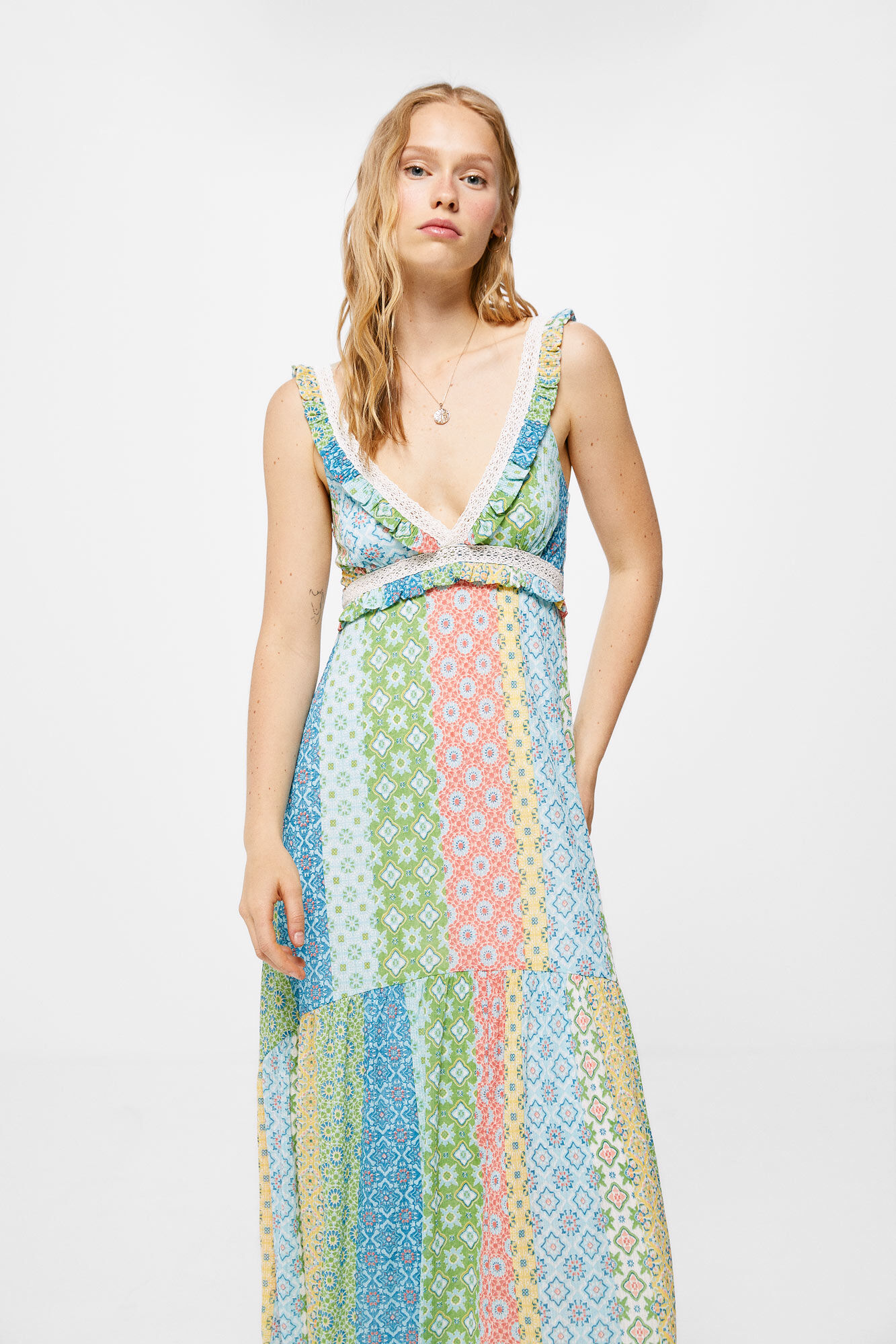 Vestido midi de renda patchwork - turquesa