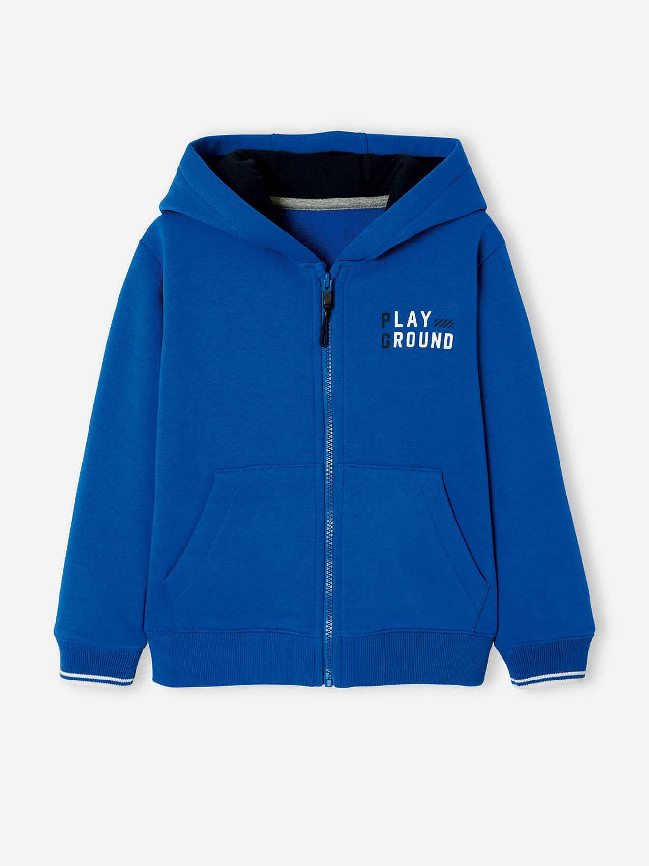 Moletom esportivo infantil Play Ground com zíper, azul escuro liso com estampas.