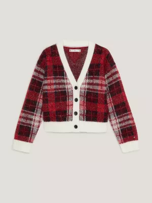 Cardigã xadrez tartan com decote em V
