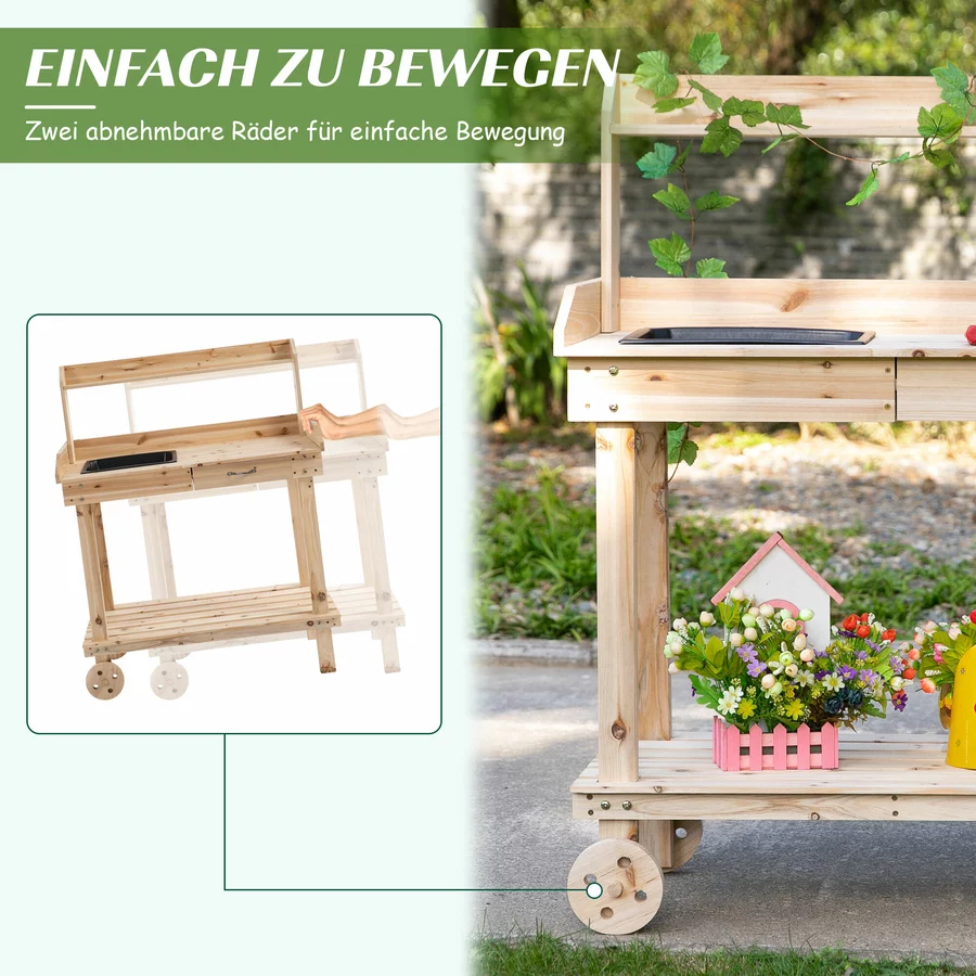 Outsunny Gärtnertisch mit Waschbecken und Rollen holz