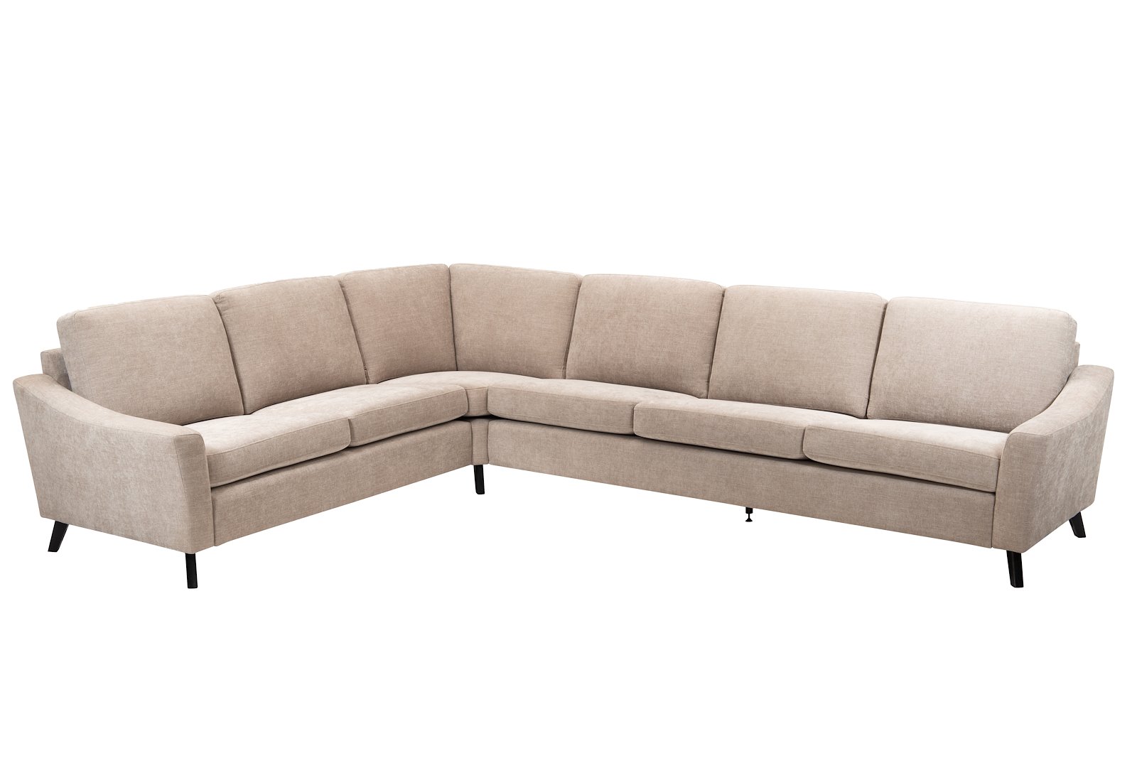 Lona hjørnesofa 23 hjørnesofa (310V). I tekstil City 9970 beige, 70cm brede seter, arm 1 og 2M9K2 sorte ben. SA rygg skum