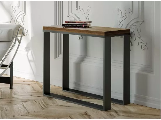 Console extensible bois et 2 pieds acier anthracite Elatra 90x40-196 ou 90x40-300-Couleur Naturel-Support 2 pieds-Rallonges 1 rallonge fine