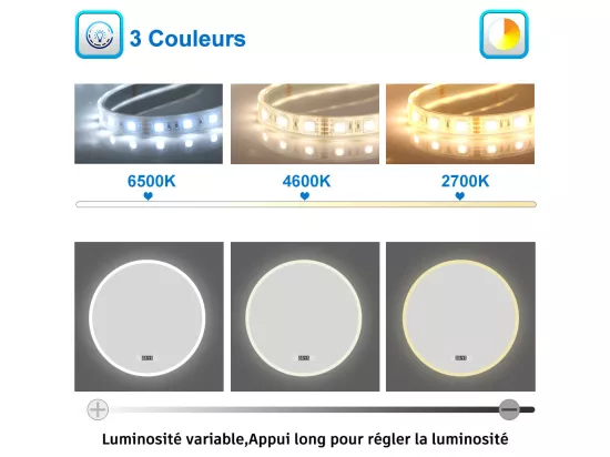 Miroir de Salle de Bain lumineux 80cm rond LED avec Horloge, Mural Miroir avec 3 Couleurs + Dimmable + Anti-buée,Interrupteur Tactile Étanche IP44