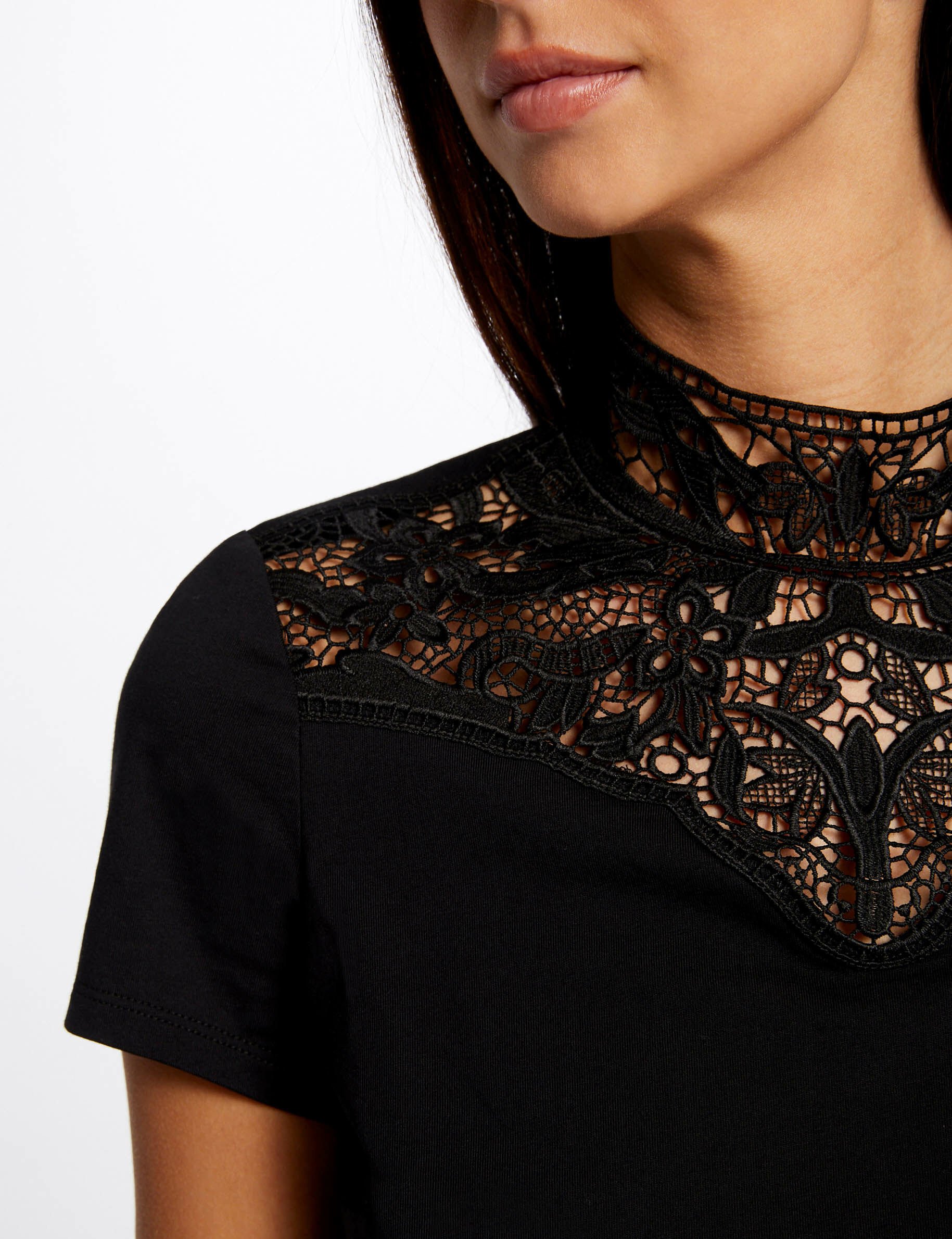 T-shirt manches courtes à dentelle noir femme - noir
