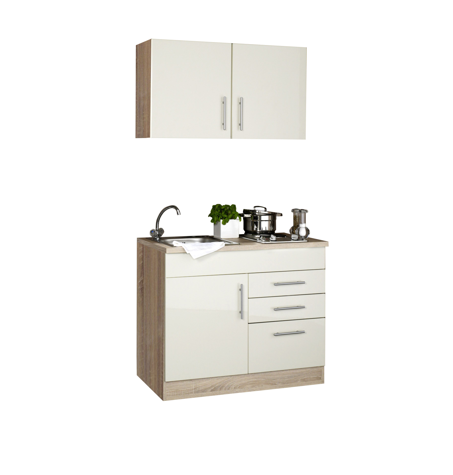 Single-Küche TORONTO - creme Hochglanz - mit Kochfeld - 100 cm