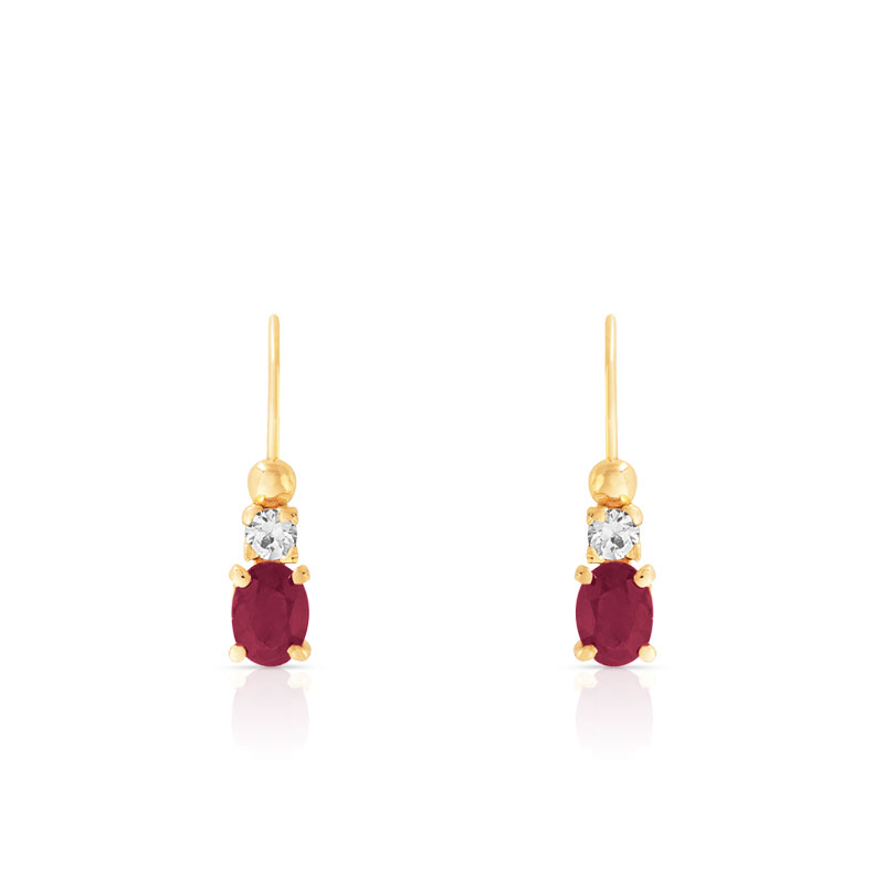 Boucles d'oreilles or 750 jaune brisures rubis ovale et zirconias