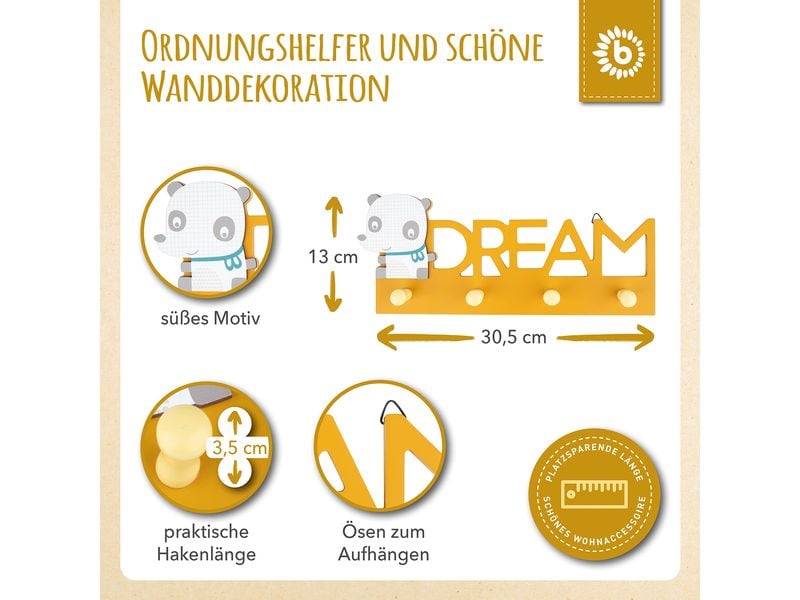 bieco Wandgarderobe Panda Gelb Garderobe mit Haken