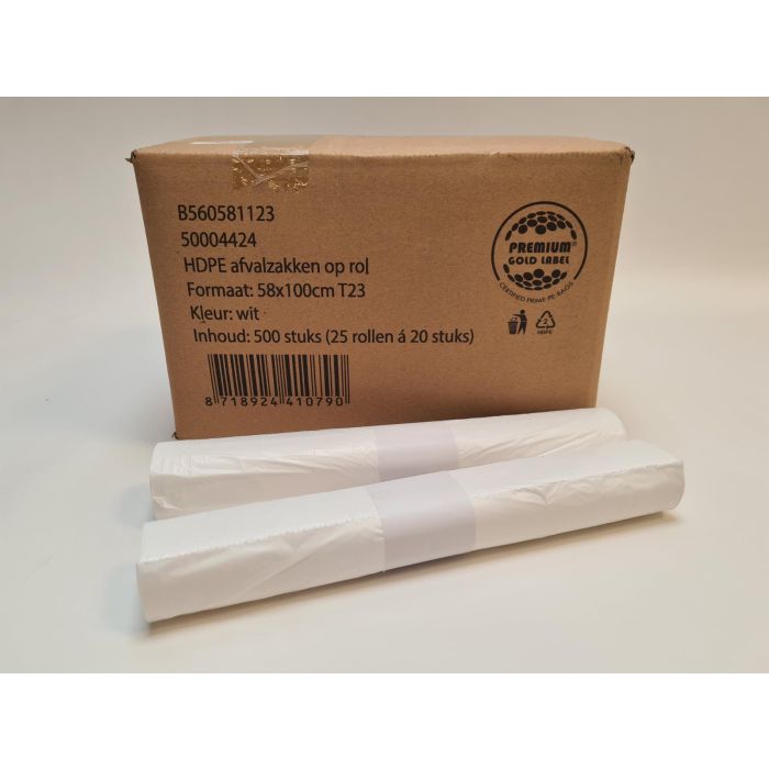 Afvalzakken HDPE 58x100cm 70L 500 stuks T23 Wit (560581123)