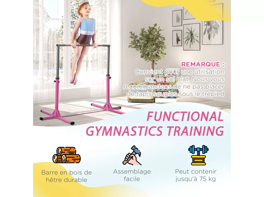Barre fixe de gymnastique enfant - barre de gymnastique hauteur réglable 13 niveaux 92 à 150 cm - acier rose bois massif hêtre